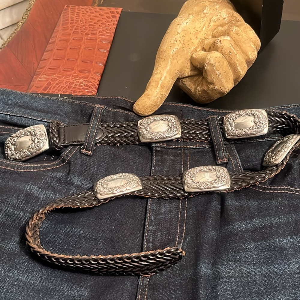 Braided Leather Concho Belt with Silver-Tone Plates by Brighton